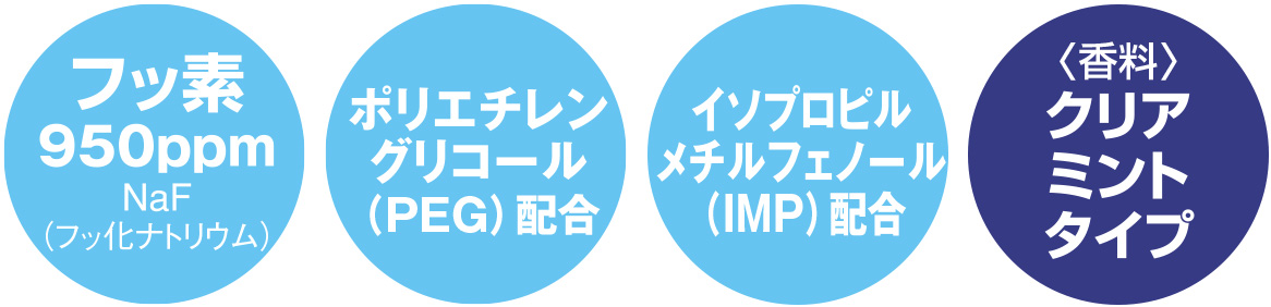 フッ素950ppmNaF(フッ化ナトリウム) ポリエチレングリコール(PEG)配合 イソプロピルメチルフェノール(IMP)配合 〈香料〉クリアミントタイプ